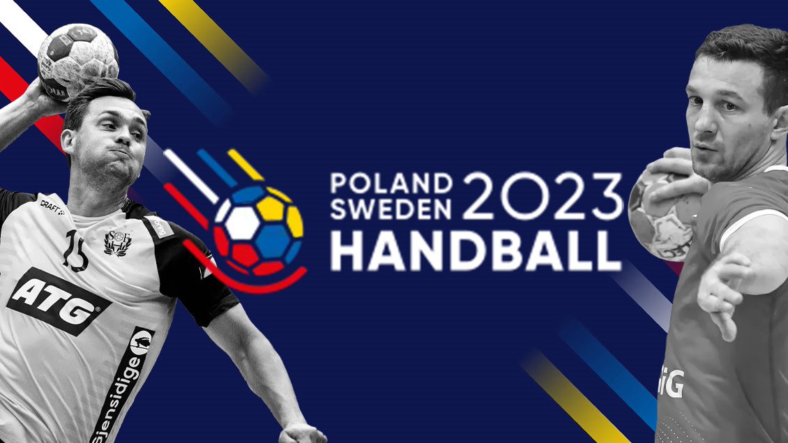Käsipalloilijoita ja logo