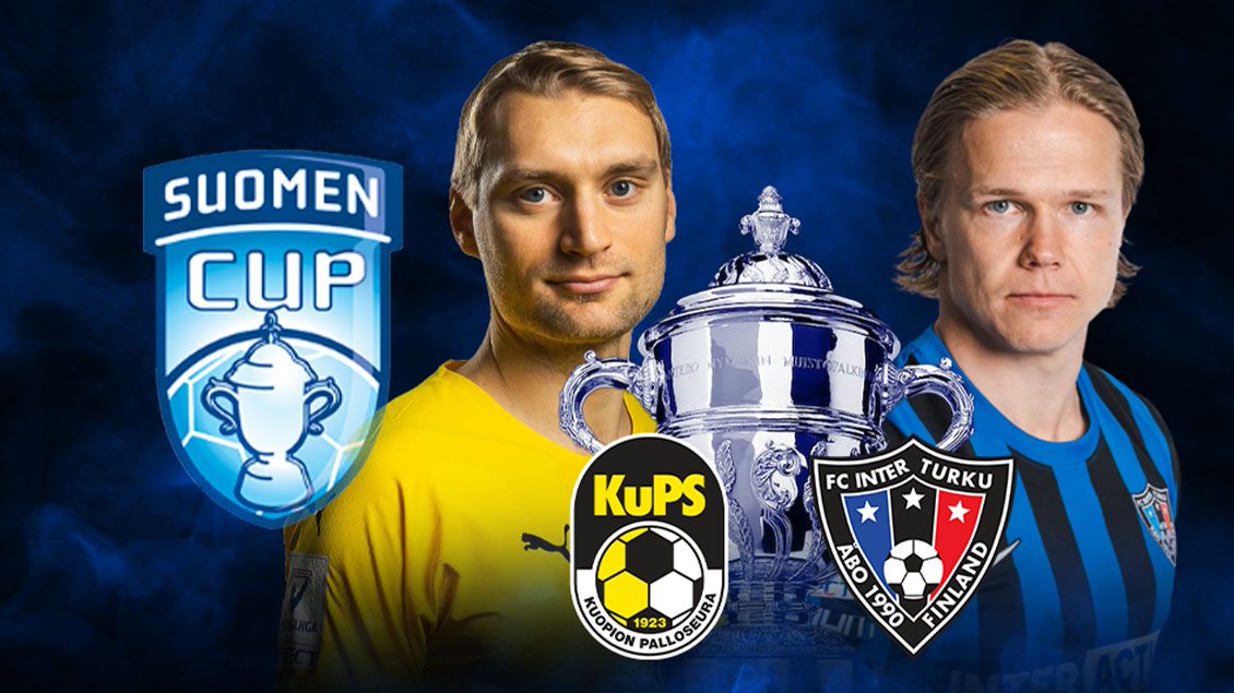 Suomen Cupin logo, pokaali ja pelaajia